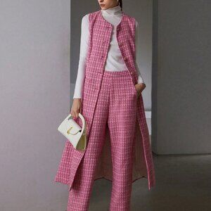 Pink Elegant Women's Tweed Long Sleeveless Cinched Waist Jacket & Pants Set